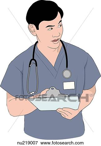 Standing nurse wearing stethoscope holds a clipboard. View Large Illustration Stock Illustration - Standing nurse wearing stethoscope holds a clipboard.. Fotosearch