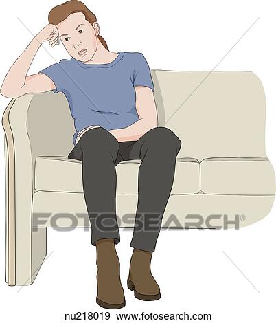 Teenaged girl sits at end of long couch. She supports her head on her arm. View Large Illustration Stock Illustration - Teenaged girl sits at end of long couch. She supports her head on her arm.. Fotosearch