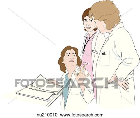 Clipart - Three nurses interacting at nurse station, one sitting at desk with documentation turned to talk to two standing.. Fotosearch