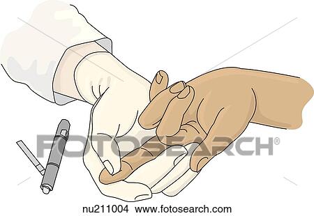 two hands. Hand on left massages the middle finger of hand on right toward puncture site. Lancet and test strip also visible. View Large Illustration Stock Illustration - two hands. Hand on left massages the middle finger of hand on right toward puncture site. Lancet and test strip also visible.. Fotosearch