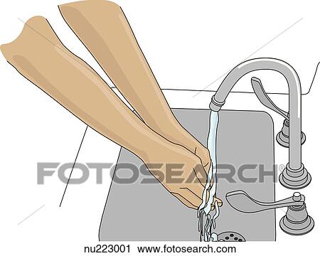 Clip Art - Two hands, held at an angle lower than elbows, are rinsed in running water at sink.. Fotosearch