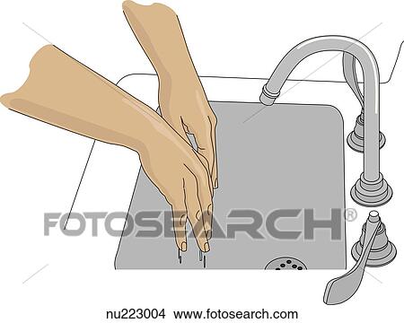 Two hands, held at an angle lower than elbows, have been rinsed in running water and now drip into sink. View Large Illustration Stock Illustration - Two hands, held at an angle lower than elbows, have been rinsed in running water and now drip into sink.. Fotosearch
