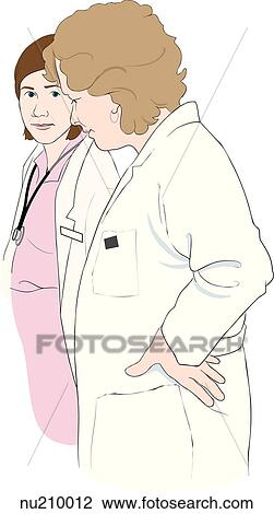 Drawing - Two health care professionals (nurses) stand next to each other. The one closest has her hand on her hip and looks down. The one further away looks over at first.. Fotosearch
