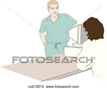 Stock Illustration - Two health care professionals (nurses) meet at a desk with a computer. The male nurse wears hospital scrubs, the other wears a lab coat.. Fotosearch