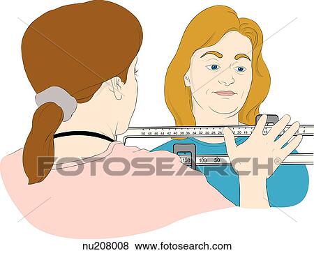 Unhappy face of female patient visible over numbered portion of vertical scale. Back of nurse's head is visible as her hand adjusts the weights of scale. View Large Illustration Stock Illustration - Unhappy face of female patient visible over numbered portion of vertical scale. Back of nurse's head is visible as her hand adjusts the weights of scale.. Fotosearch