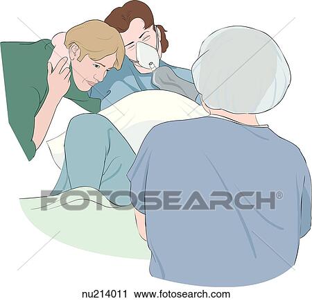 Clip Art - Woman in pain wearing oxygen mask leans on man to her right for support during labor. Health care professional (nurse) is seen from behind at foot of bed.. Fotosearch