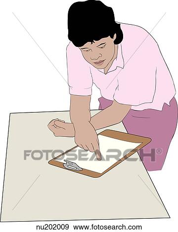 Woman standing at a desk pointing to a paper on a clipboard. View Large Illustration Stock Illustration - Woman standing at a desk pointing to a paper on a clipboard.. Fotosearch