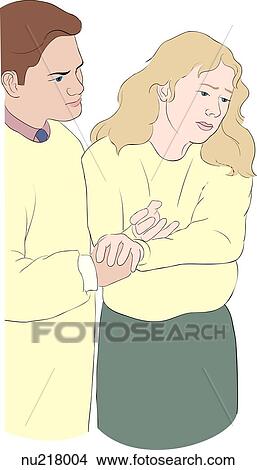 Worried couple standing, holding on to one another, look down and to their left. View Large Illustration Stock Illustration - Worried couple standing, holding on to one another, look down and to their left.. Fotosearch