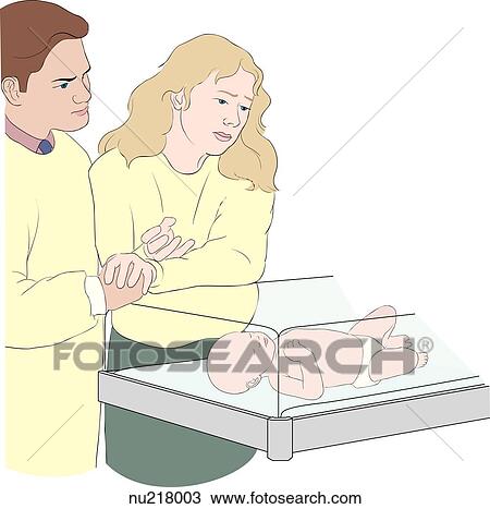 Worried parents stand next to baby lying in intensive care unit. View Large Illustration Drawing - Worried parents stand next to baby lying in intensive care unit. . Fotosearch