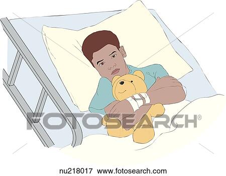 Stock Illustration - Young boy lies in hospital bed hugging teddy bear.. Fotosearch