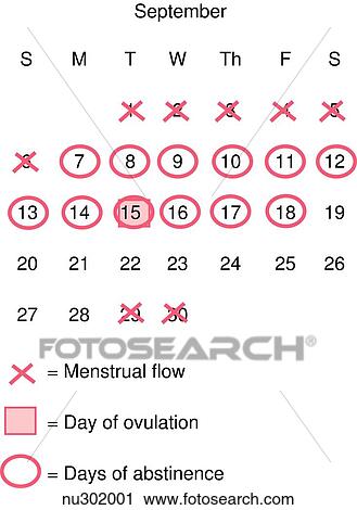 Clip Art - A calendar of the month of September marked as a natural family planning method. X's mark menstrual flow. O's mark days of abstinence. Colored square marks day of ovulation. Unmarked days are those safe for coitus.. Fotosearch