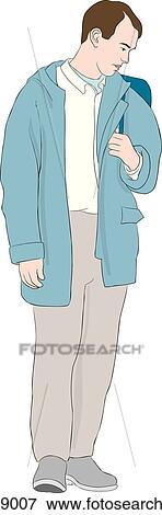 Stock Illustration -  A man in street clothes, carrying a bag over his left shoulder, looks down and to his left.. Fotosearch