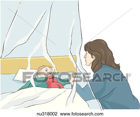 A mother looks in on child in isolation tent. View Large Illustration Drawing - A mother looks in on child in isolation tent.. Fotosearch
