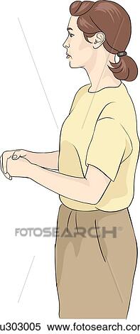 Stock Illustration - A young woman stands looking to the right with a serious expression on her face.. Fotosearch