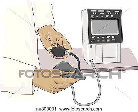 an automatic blood pressure monitor with hands holding cuff and pump. View Large Illustration Clip Art - an automatic blood pressure monitor with hands holding cuff and pump.. Fotosearch