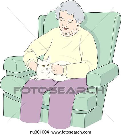 Stock Illustration -  an elderly woman in an armchair with cat in her lap.. Fotosearch