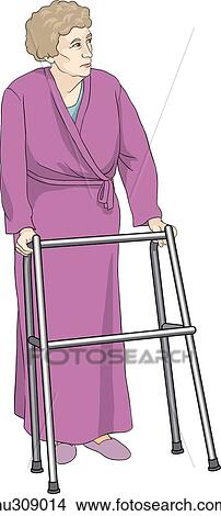 Stock Illustration - An elderly woman in bathrobe uses a walker to support herself in a standing position.. Fotosearch