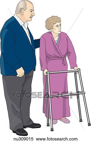 Stock Illustration - An elderly woman in bathrobe uses a walker to support herself in a standing position, her husband stands nearby.. Fotosearch