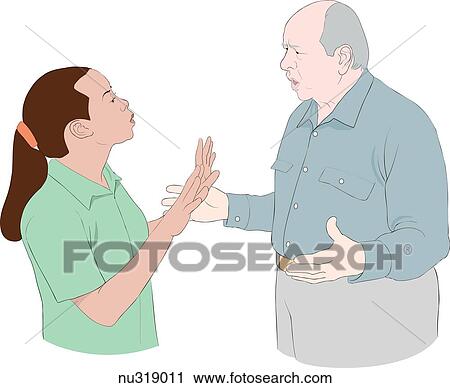 Angry man confronts nurse who raises hands to calm him down. View Large Illustration Clip Art - Angry man confronts nurse who raises hands to calm him down.. Fotosearch