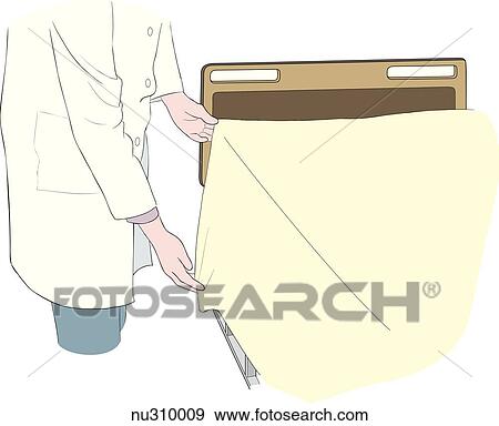 Stock Illustration - Body of nurse shown folding triangular linen fold over side of mattress.. Fotosearch