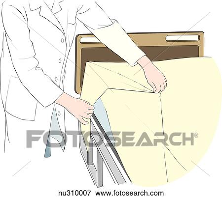 Stock Illustration - Body of nurse shown laying triangular fold of sheet on top of bed.. Fotosearch