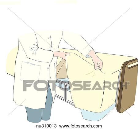 Body of nurse shown mitering corner of top sheet and spread at foot of bed. View Large Illustration Drawing - Body of nurse shown mitering corner of top sheet and spread at foot of bed.. Fotosearch