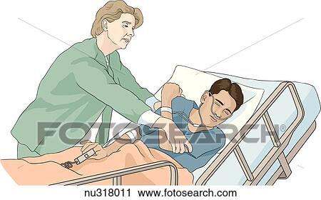 Boy in hospital bed is restrained by nurse who holds him by the shoulders. View Large Illustration Clip Art - Boy in hospital bed is restrained by nurse who holds him by the shoulders.. Fotosearch
