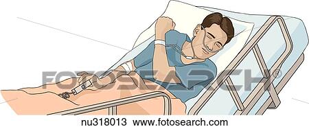 Boy in hospital bed turned to left with pained expression on his face. His right arm is raised protectively over his body. View Large Illustration Drawing - Boy in hospital bed turned to left with pained expression on his face. His right arm is raised protectively over his body.. Fotosearch