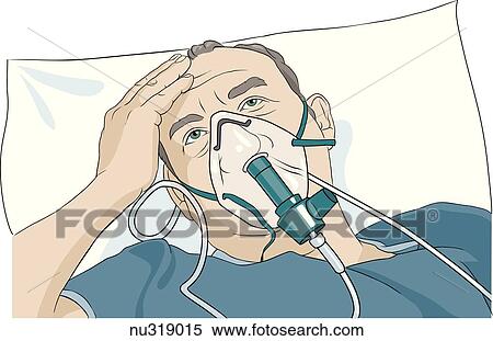 Stock Illustration - Close up of male face outfitted with face mask. Man's hand is on forehead.. Fotosearch