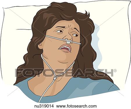 Stock Illustration - Close up of woman's face with nasal tube wearing expression of pain.. Fotosearch
