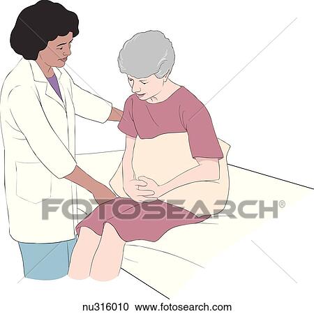 Elderly female patient seated on bed holds pillow to abdomen while healthcare professional offers support. View Large Illustration Clipart - Elderly female patient seated on bed holds pillow to abdomen while healthcare professional offers support.. Fotosearch