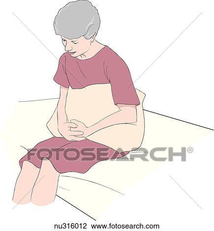 Elderly female patient seated on bed holds pillow to abdomen while coughing. View Large Illustration Drawing - Elderly female patient seated on bed holds pillow to abdomen while coughing.. Fotosearch