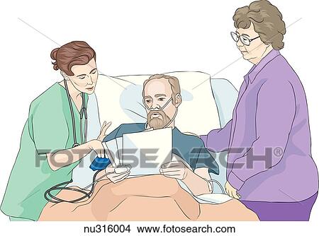 Elderly man in hospital bed reads patient information with the help of nurse seated nearby. Wife stands on other side of bed. View Large Illustration Stock Illustration - Elderly man in hospital bed reads patient information with the help of nurse seated nearby. Wife stands on other side of bed.. Fotosearch