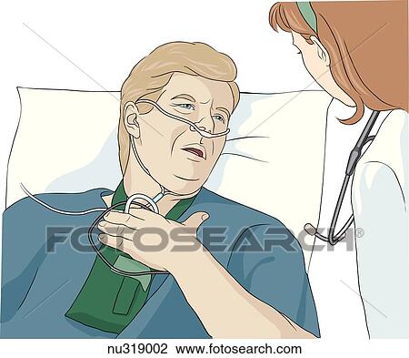 Drawing - Elderly man, shown from chest up in hospital bed, wears painful expression while holding hand to chest. Health care professional (nurse) leans over to listen to his complaint.. Fotosearch