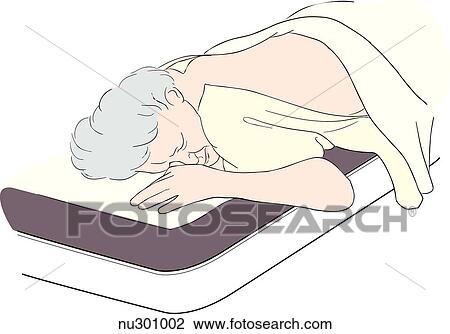 Drawing - Elderly woman lying on stomach with back exposed, lower body draped.. Fotosearch