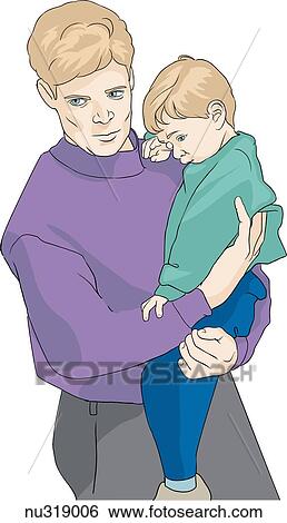Stock Illustration - Father, standing, holds young child on his hip.. Fotosearch