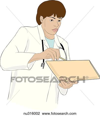 Drawing - Female african-american nurse pointing out something on a medical chart.. Fotosearch