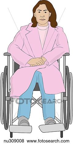 Stock Illustration - Female patient wearing street clothes sits in wheel chair.. Fotosearch