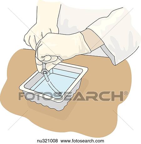 Stock Illustration -  gloved hands rinsing inner cannula in small tub of saline solution.. Fotosearch