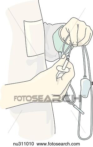 Hands of nurse shown inserting spike into entry site on IV bag. View Large Illustration Clipart - Hands of nurse shown inserting spike into entry site on IV bag.. Fotosearch
