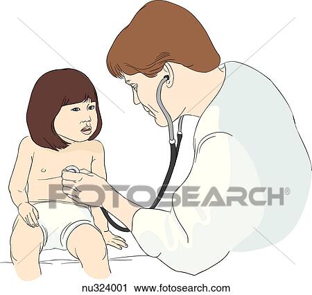 Health care professional performing auscultation on young child. View Large Illustration Clip Art - Health care professional performing auscultation on young child.. Fotosearch