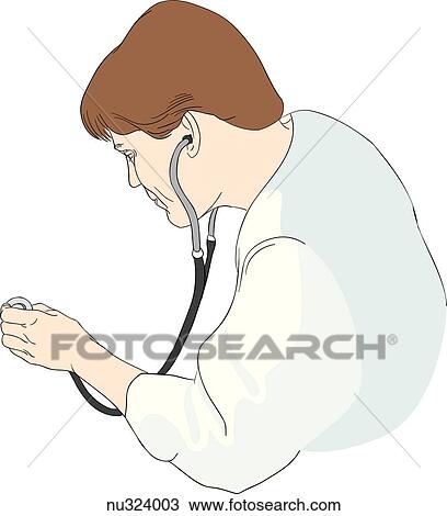 Drawing - Health care professional, viewed from behind left shoulder, holding stethoscope in place.. Fotosearch
