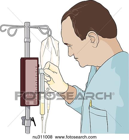 Stock Illustration - Healthcare professional (nurse) sets dosage on medicine regulator.. Fotosearch