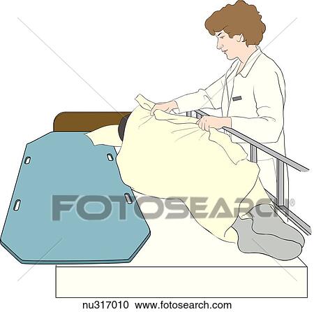 Clipart - Healthcare professional using a transfer board to move client from bed to stretcher. Patient lies on side with back toward stretcher.. Fotosearch