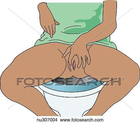 Stock Illustration - Illustration demonstrates the first step when obtaining clean catch specimen. The female client sits on the commode and separates her labia with her nondominant hand.. Fotosearch