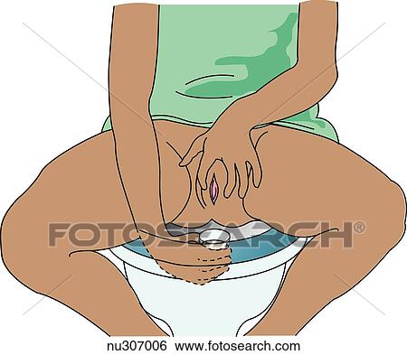 Stock Illustration - Illustration demonstrates the third step when obtaining clean catch specimen. The female client begins urinating, allowing the first urine to flow into the toilet. She then holds the container under the urine stream to obtain the specimen.. Fotosearch