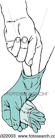 Illustration of glove removal. Left hand, without glove, inserts first two fingers inside remaining glove's cuff. Gloved hand holds contaminated glove. View Large Illustration Drawing - Illustration of glove removal. Left hand, without glove, inserts first two fingers inside remaining glove's cuff. Gloved hand holds contaminated glove.. Fotosearch