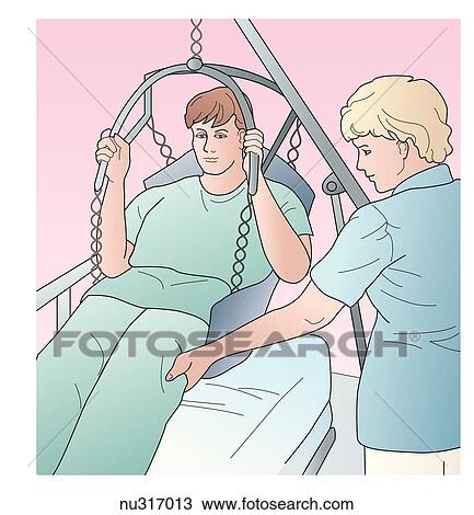Illustration showing a nurses/ health care working transporting a paient using a hydraulic lift. View Large Illustration Drawing - Illustration showing a nurses/ health care working transporting a paient using a hydraulic lift. . Fotosearch