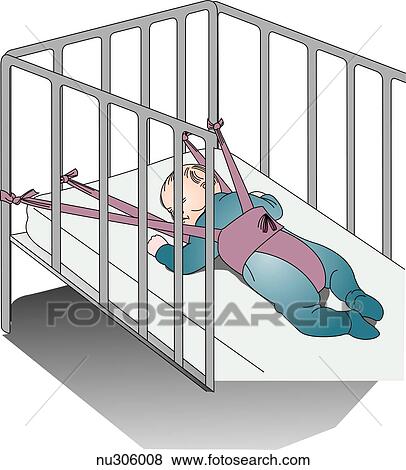 Stock Illustration - Infant, lying on stomach in crib, held in an elevated prone position with straps. . Fotosearch