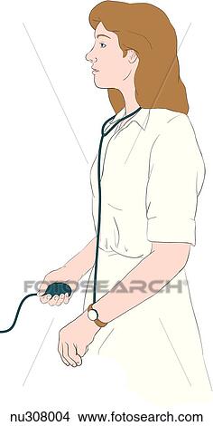 Lateral view of a standing female nursing holding a blood pressure bulb. View Large Illustration Stock Illustration - Lateral view of a standing female nursing holding a blood pressure bulb.. Fotosearch